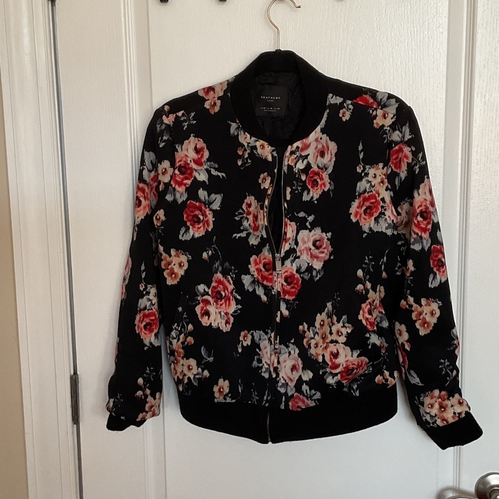 Zara Black Bomber Jacket with Red Floral Design